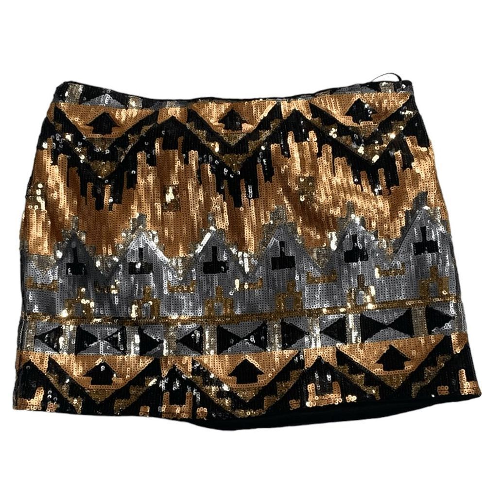 Cecico Gold Silver Sequin Mini Skirt Women's Size M Retro Aztec Gatsby Glam